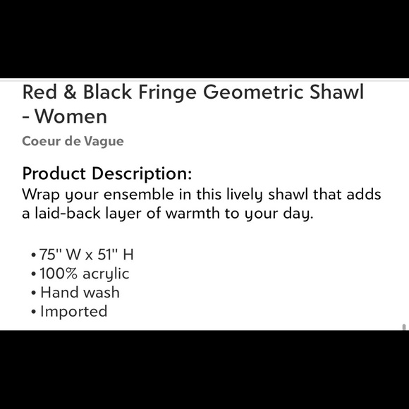 Shawl / wrap Red and black with fringe one sz +too - Picture 2 of 2